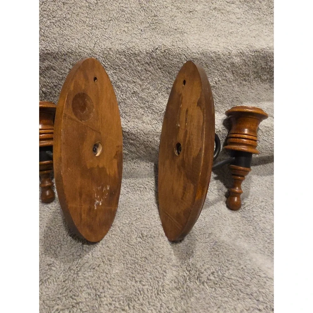 Vintage Oval Wooden Wall Sconces 8 in Tall with Black Metal Trim Set of 2‎
